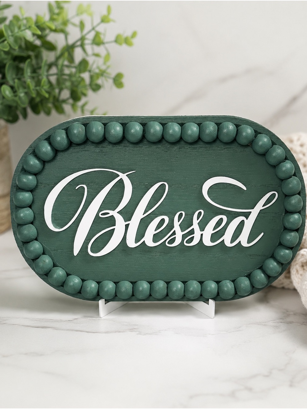 Blessed Beaded Oval Decorative Sign - Green & White with easel